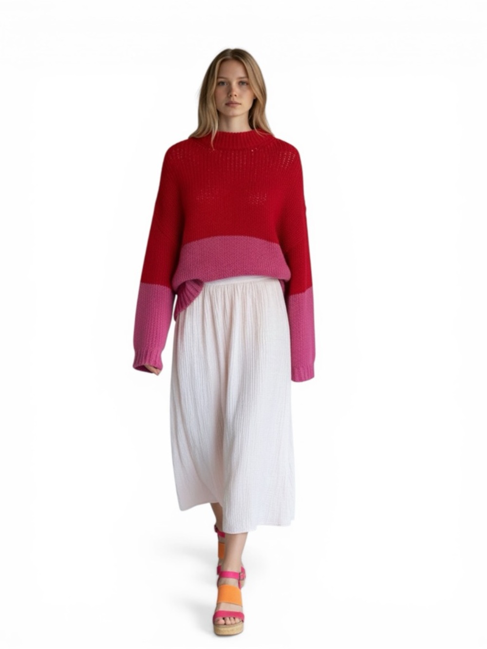 XíRENA Red Pink Colorblock Chunky Knit Sweater XS Oversized Boho